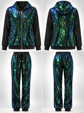 ASHLEY SPORT Womens Jogging Set Green Sequins Hoodie Bomber Jacket Size 14/16